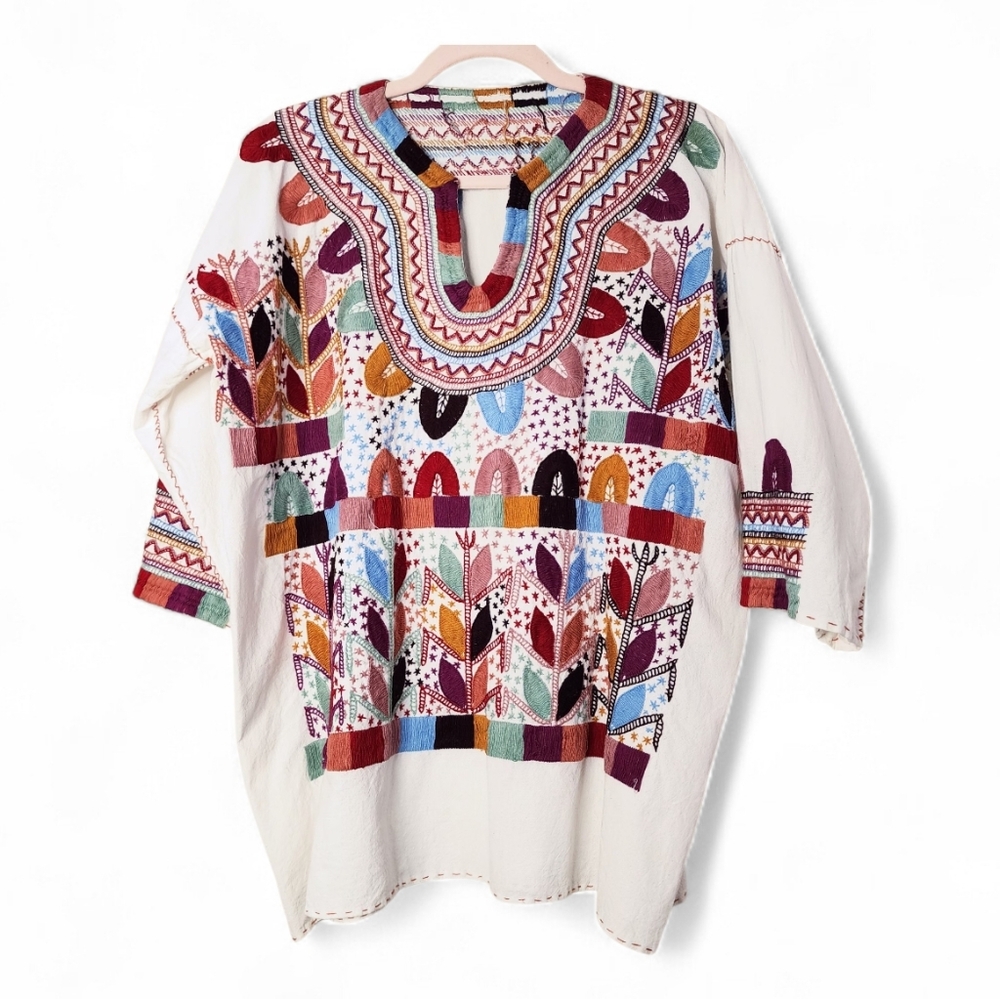 Authentic Hand-Embroidered Oaxacan Tunic Mexican Manta Cotton Blouse Large